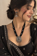 Seraphic Pearls – Black Thread Oxidised Silver Pendant Necklace Set
