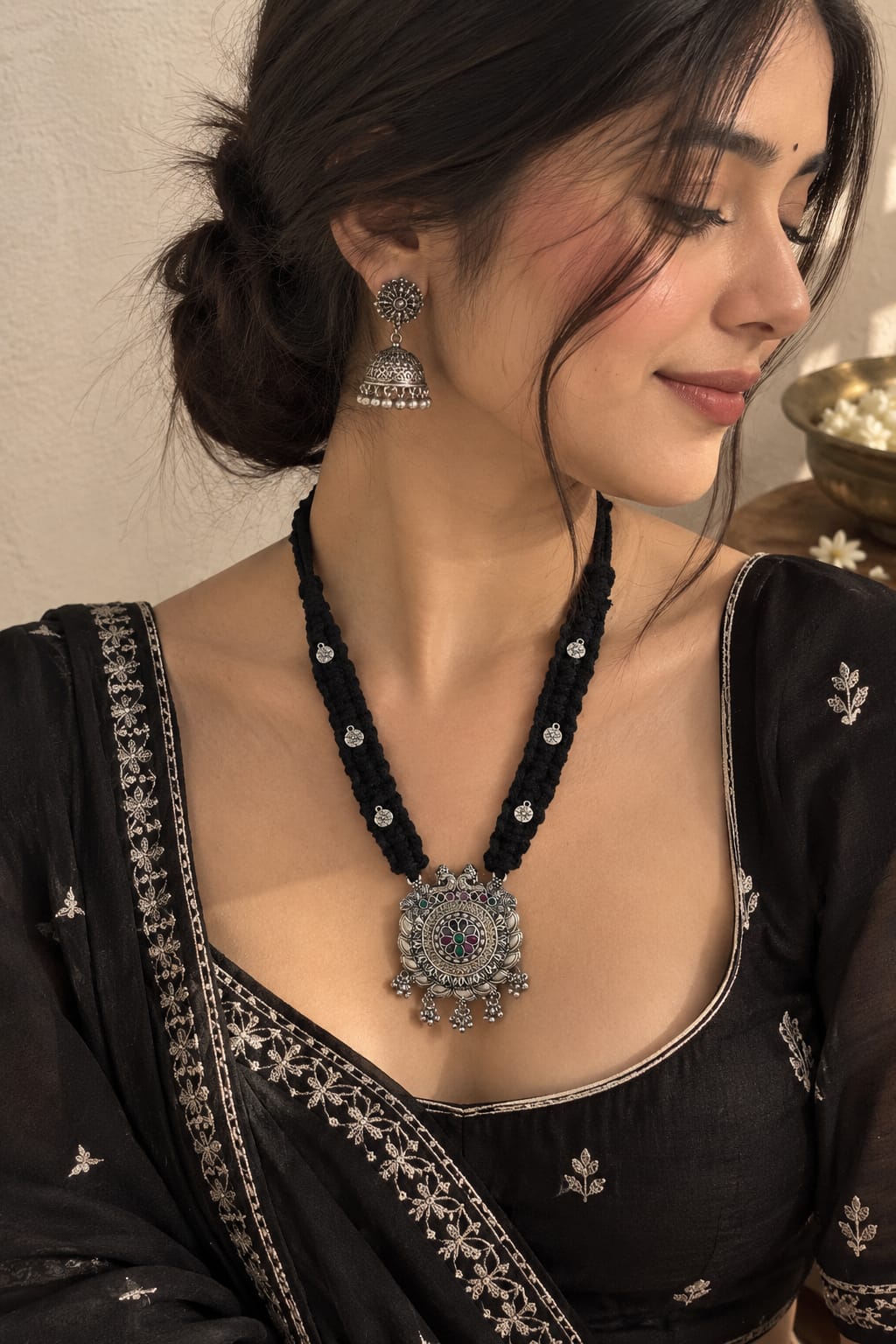 Seraphic Pearls – Black Thread Oxidised Silver Pendant Necklace Set