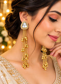 Golden Kashmiri Long Jhumka Earrings with Crystal Studs
