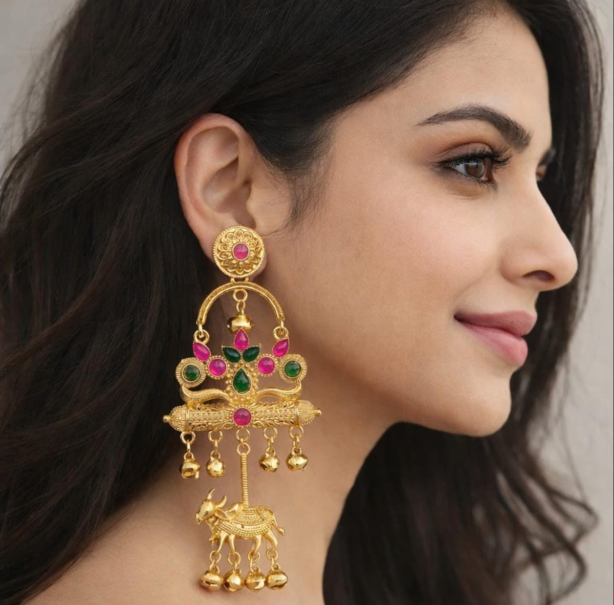 Traditional Gold-Tone Peacock & Elephant Dangler Earrings