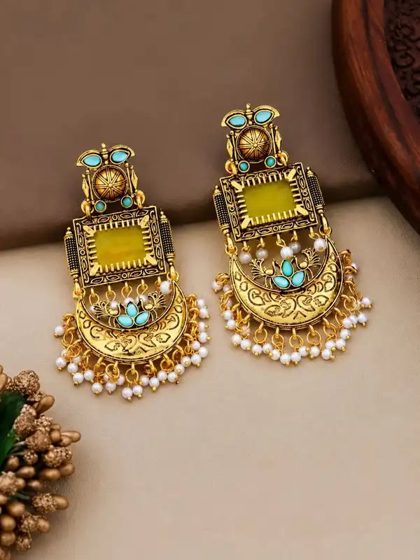 Antique Gold-Toned Turquoise & Pearl Statement Earrings